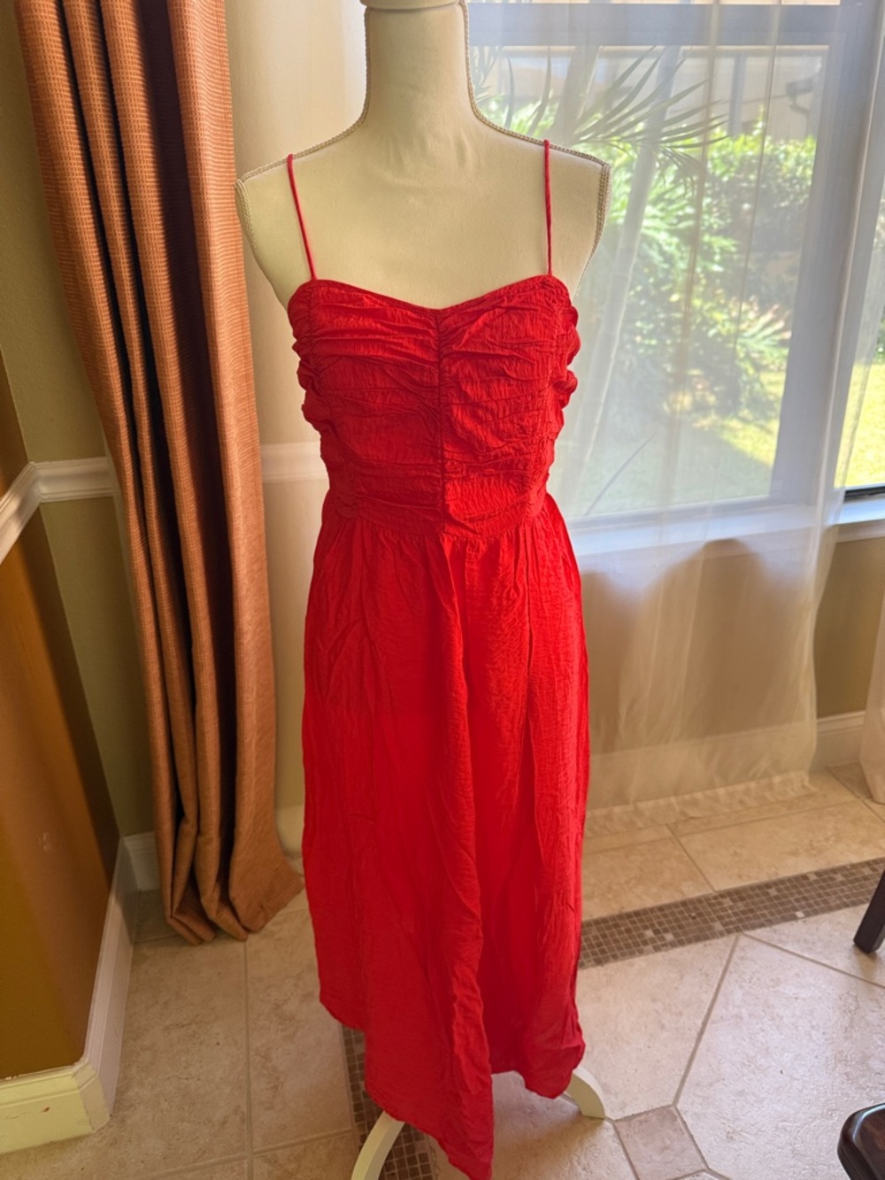 Women’s Red Ruched Spaghetti Strap Dress - Picture 6 of 6